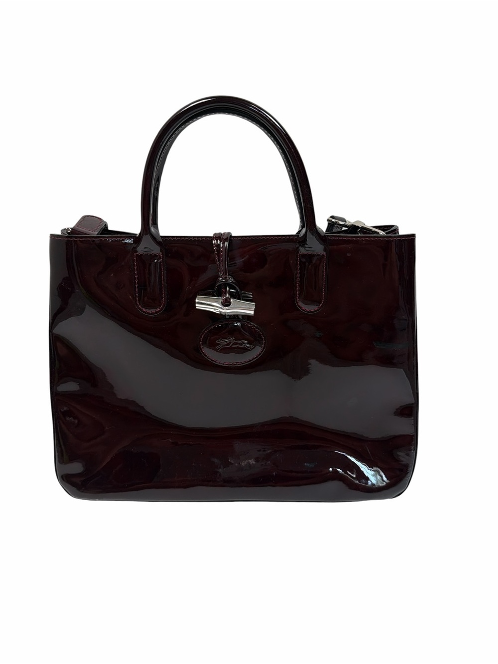 Longchamp Roseau Burgundy Patent Leather Tote Bag Designer Classic Luxury Purse - Picture 2 of 12